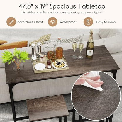 COSTWAY 3-Piece Dining Table Set, 47.5" Industrial Counter-Height Kitchen Table and 2 Bar Stools, High Top Rectangular Pub Table and Chairs for Dining Room Small Place Breakfast Nook Bistro (Grey) | w/ 2 Bar Stools, High Top Rectangular Pub Table and Chai