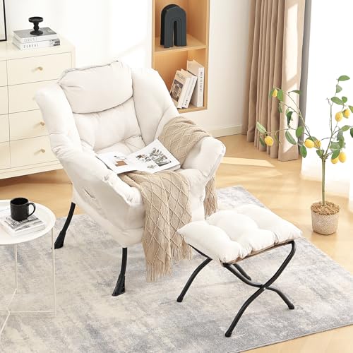 Lazy Chair with Ottoman, Comfy Accent Reading Chair, Beige | Foldable Footrest,Removable Cover,with Armrests and Side Pockets,Upholstered Lounge Chair for Bedroom,Dorm,Office,Small Space - color: Beige