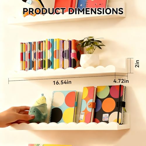 Nursery Book Shelves, Set of 4 Floating Book Shelves, Scalloped Wall Bookshelf for Bedroom, White Decor for Nursery, Baby, Toddler Room