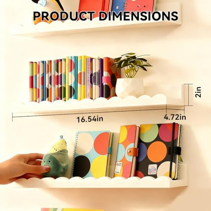 Nursery Book Shelves, Set of 4 Floating Book Shelves, Scalloped Wall Bookshelf for Bedroom, White Decor for Nursery, Baby, Toddler Room