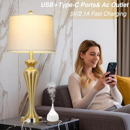 CINSARY 30" Tall Gold Table Lamps Set of 2 for Living Room, Touch Control Bedside Lamps for Nightstand, 3-Way Dimmable Bedroom Lamp with USB A+C Ports and AC Outlet, Metal Brass Table Lamp - color: Gold (2 Pack)