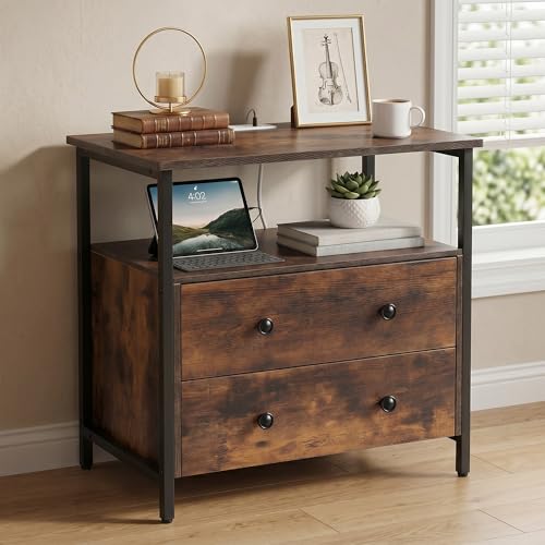 Edbuosy 27" Wide Nightstand with Charging Station & 2 Drawer, Retro Brown | Small Dresser for Closet, 2 AC Outlets & 2 USB Ports, Open Shelf, Adjustable Feet, Wood Nightstand for Living Room or Bedroom - color: Retro Brown, size: 2 Drawer