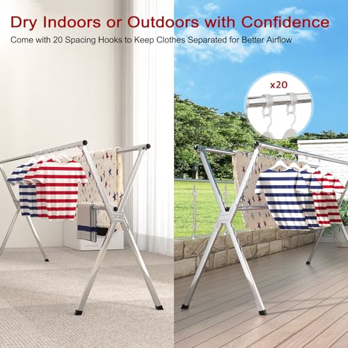 Clothes Drying Rack, Heavy-Duty Folding Laundry Drying Rack for Indoor Outdoor Use, 50.4-78.7" Extendable Stainless Steel, Space-Saving Design, Foldable Freestanding Airer