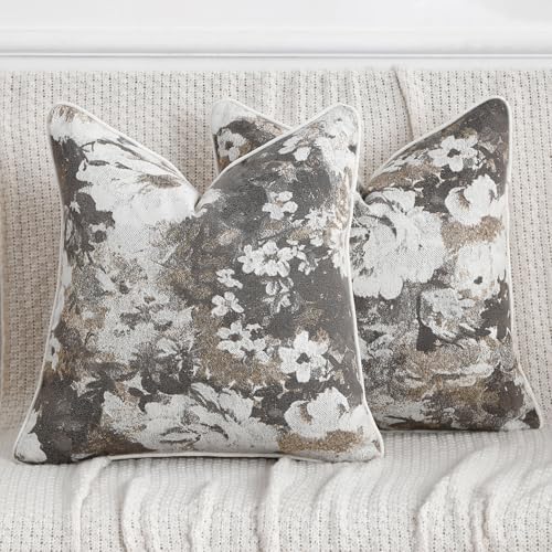 Vintage Floral Throw Pillow Covers 20x20 Set of 2 Neutral Boho Farmhouse Soft Chenille Jacquard Decorative Couch Pillow Covers for Sofa Couch Bed Living Room Home Décor Beige and Taupe - color: Beige and Taupe, size: 20" x 20" (Pack of 2)