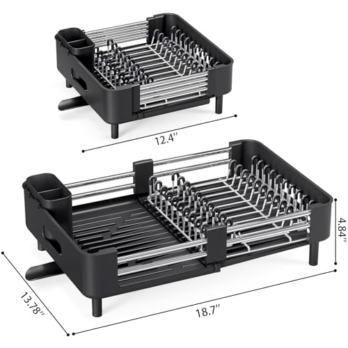Urackify Extendable Stainless Dish Drying Rack for Kitchen Counter, Black | 13.78"W x 18.7"L, Foldable Drainboard for Space Saving, Knife and Utensil Holder, Fast-draining Spout - color: Black