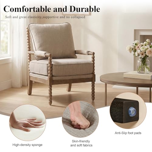 DUHOME Linen Fabric Spindle Accent Chair with Wood Frame,Modern Accent Chairs with Padded Spring Seat and Brushed White Base for Living Room Bedroom Farmhouse Home Office Belcony - color: Brown+cream, size: 1 pc