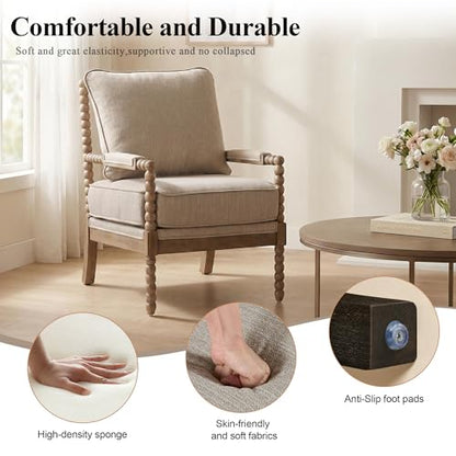 DUHOME Linen Fabric Spindle Accent Chairs Set of 2,Spool Chairs with High Resilience Spring Cushion and Armrest Pads, Leisure Armchair for Living Room Bedroom Farmhouse Home Office Belcony - color: Brown+cream, size: 2 pcs