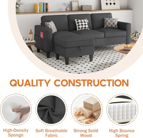 L Shaped Couch for Living Room 3 Seater Sofa with Storage Movable Ottoman | 78"Modern Linen Grey Couches 3 Seats Sofas with Chaise for Studio Apartment Office Basement Small Space, Easy Assembly - color: Dark Grey-linen