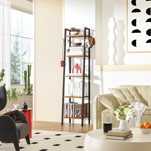 YMYNY 5 Tiers Ladder Bookcase, Industrial Narrow Bookshelf, Open Display Rack with 4 S Hooks, Metal Storage Shelves for Bedroom, Home Office, Living Room, Rustic Brown, 63H*13.4L*11.8W, UHBC025H - color: Rustic Brown, size: 5 Tiers