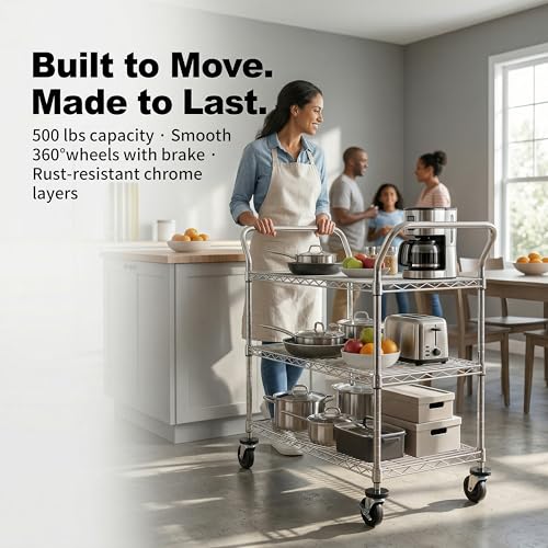 Finnhomy 3-Tier Commercial Grade Rolling Cart, Heavy Duty Utility Cart with Wheels and Handles, Metal Kitchen Carts on Wheels with 500 lbs Capacity, Shelf Size 20" D x 36" W, NSF - size: 20"D x 43.3"W x 39.7"H