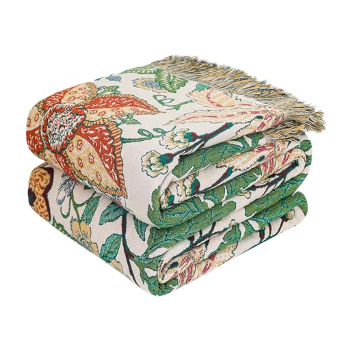 Boho Throw Blanket Twin Size - 100% Cotton, Floral Blanket for Bed | 60"x80" Lightweight Muslin Quilt, Summer Breathable All Seasons Couch Blanket, Reversible Farmhouse Decor, Soft with OEKO-TEX - color: 24-green Leaves, size: 60"x80"
