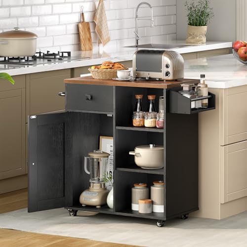 HOOBRO Kitchen Island, Storage Cabinet with Drawer, Kitchen Cart with Spice and Towel Rack, Saving Space, Easy Assembly, for Living Room, Rustic Brown and Black FB12ZD01 - color: Rustic Brown + Black