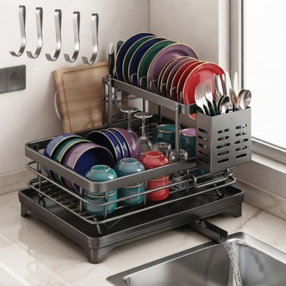 Stainless Steel Dish Drying Rack for Kitchen Counter, 2-Tier Dish Racks for Kitchen Counter, Compact Dish Drainer with Auto-Drainboard & Utensil Holder for Plates, Bowls, Cups and Cutlery (A-1) - color: A-1