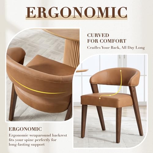 Brown Faux Leather Dining Chairs with Arms Set of 2, Mid Century Modern Kitchen & Dining Room Chairs, Barrel Backs/Walnut Solid Wood Legs, Upholstered Comfortable Accent Chairs for Living Room - color: Brown