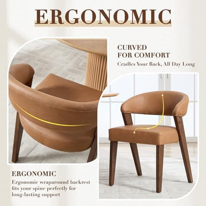 Brown Faux Leather Dining Chairs with Arms Set of 2, Mid Century Modern Kitchen & Dining Room Chairs, Barrel Backs/Walnut Solid Wood Legs, Upholstered Comfortable Accent Chairs for Living Room - color: Brown