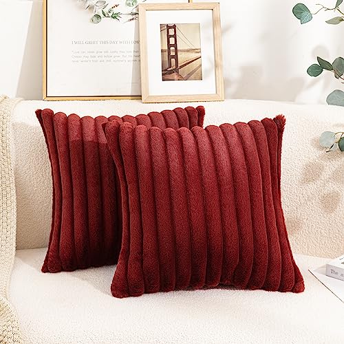 Uhomy Pack of 2 Red Faux Fur Plush Christmas Red Decorative Throw Pillow Covers Soft Fuzzy Striped Pillowcase Cushion Covers for Sofa Couch Bedroom 20x20 inch Burgundy 50cm - color: Burgundy, size: 20" x 20" (Pack of 2)