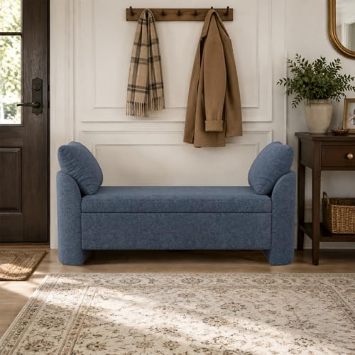 Usaint 58.3" Upholstered Storage Ottoman Bench with 2 Throw Pillows, Blue | End of Bed Bench with Curved Arms and Thickened Seat Cushion for Bedroom, Livingroom, Window, Entryway and Dressing Areas - color: Blue