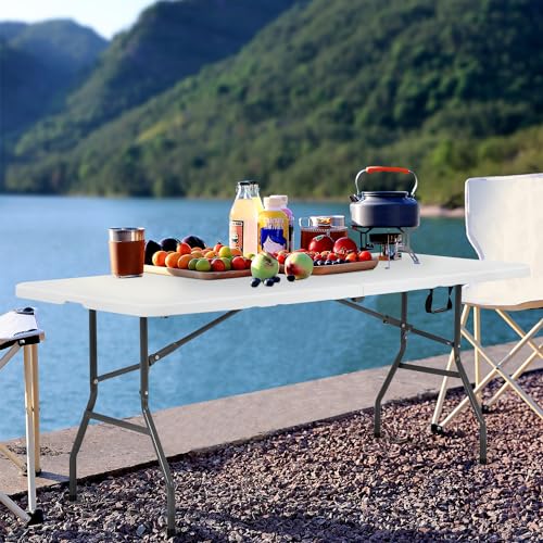 PayLessHere | 6FT Folding Table | White | Portable Plastic Table | with Carry Handle | Waterproof & Foldable Table Design | Steel Frame with Lock | for Events, Camping, Indoor & Outdoor Use - color: White, size: 6 FT