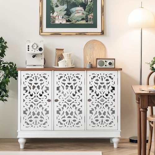 PHI VILLA White 3 Door Accent Cabinet, Buffet Cabinet Sideboard | Accent Cabinet, Buffet Cabinet with Storage, White Carved Decorative Farmhouse Sideboard, for Entryway, Living Room - color: White, size: 3 Door