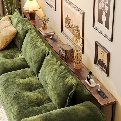 Huuger 110.2 Inch Sofa Table with Power Outlets, 23.9’’-34.4’’ Height Adjustable Range, Behind Couch Table with USB-C Ports, Sofa Tables Narrow Long, Skinny Console Table, Small Spaces, Rustic Brown - color: Rustic Brown, size: 110.2''W x 23.9''-34.4''H