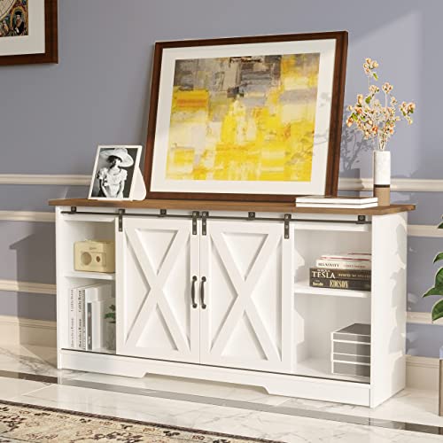 4 EVER WINNER TV Stand for 65 Inch TV for Living Room, Modern Farmhouse Barn Door TV Stand with Storage Cabinets and Adjustable Shelves for Bedroom, Media Entertainment Center TV Console Table, White - color: White