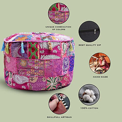 Indian Pouf Footstool Ethnic Embroidered Pouf, Indian Cotton Round Pouffe Ottoman - Cover Only (Pink, 18x13) - color: Pink, size: 13"D x 13"W x 18"H