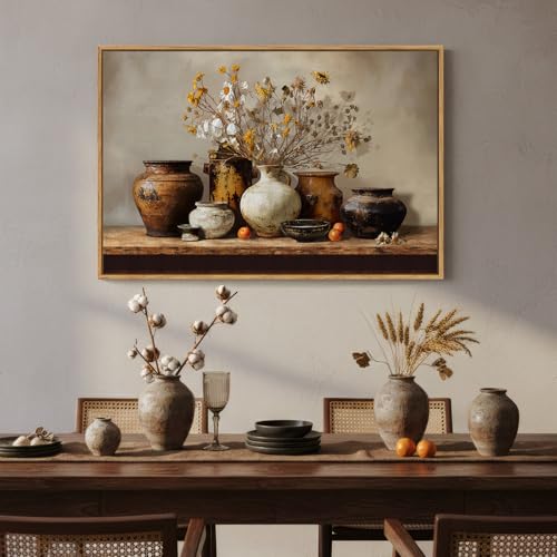 Framed Vintage Farmhouse Rustic Floral Pottery Kitchen Wall Art, 24x36 In | Still life, Wood frame, Canvas print, Horizontal neutral artwork, Wall decor for dining room living room hallway - color: Brown & White B