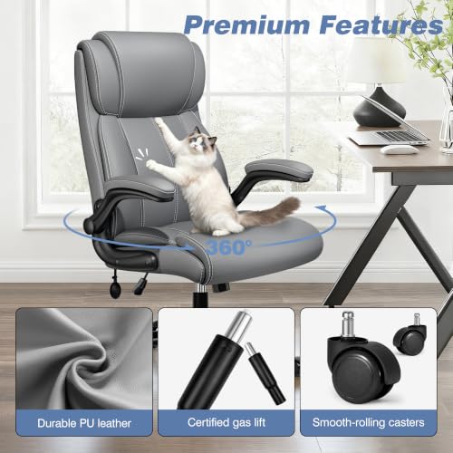 BESTFAIR High Back Office Chair, Adjustable Lumbar Support, Rocking, Gray | Inflatable Lumbar Eases Lower Back Fatigue, Padded Flip-Up Armrests, 21" Wide Seat, Scratch-Resistant PU Leather, 2 Pack - color: Grey, size: 2 Pack
