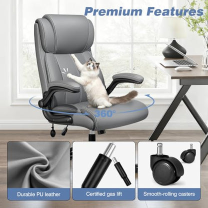 BESTFAIR High Back Office Chair, Adjustable Lumbar Support, Rocking, Gray | Inflatable Lumbar Eases Lower Back Fatigue, Padded Flip-Up Armrests, 21" Wide Seat, Scratch-Resistant PU Leather, 2 Pack - color: Grey, size: 2 Pack