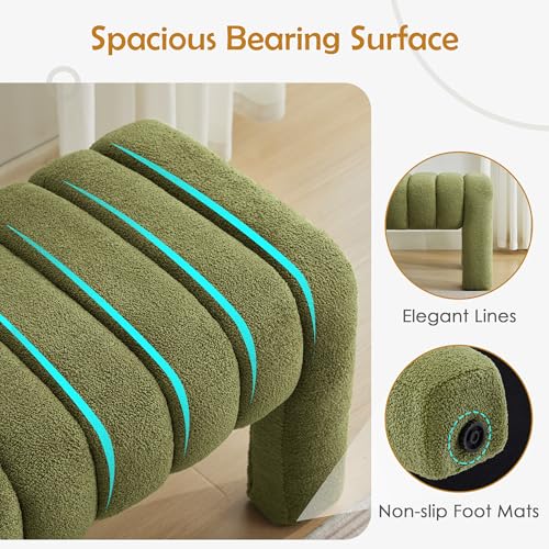 43.3" Dining Room Bench, Green Tufted Upholstered End of Bed Bench, Modern Entryway Ottoman Window Seat with Solid Wood Legs and Padded Seat for Bedroom, Hallway and Living Room (Boucle) - color: Green Boucle, size: 43.3"
