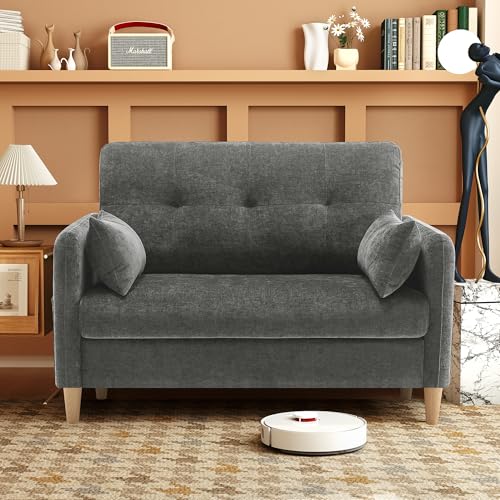 Urhanherry 47" Small Sofa Couch for Bedroom, Soft Chenille loveseat Mini Couch with Throw Pillow and Removable Cushion Cover for Small Spaces, Living Room, Apartment, Dorm, Office(Dark Grey) - color: Dark Grey