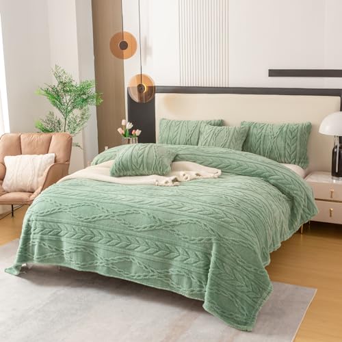 YUSOKI Sherpa Fleece Queen Size Blanket, Sage Green, 90"x90" | 3D Stylish Design,320GSM, Non-Shedding, Lightweight for All Season Use, stays fluffy after repeated washes, Perfect Gifts - color: Sage Green-(without Pillows), size: Queen (90" x 90")