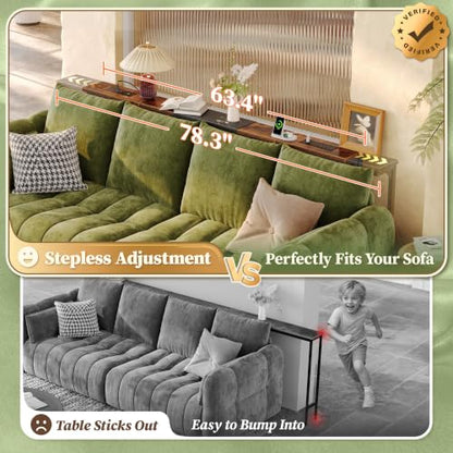 Huuger 63.4-78.3'' Extendable Behind Couch Table with Outlets, Rustic Brown | Stepless Length Adjustment, 2 Power Stations with USB-C Ports, Long Console Table, Slim Sofa Table - color: Rustic Brown, size: 62.9- 78.3"W x 29.5"H
