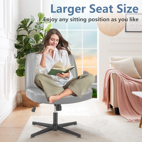DUMOS Criss Cross Chair No Wheels, Wide Seat Cross Legged Office Desk Vanity Chair, Faux Leather Armless Height Adjustable Swivel Task Computer Chairs for Home, Study, Grey PU - color: Grey Pu