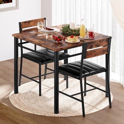 IRONCK Dining Table Set for 2, Rustic Brown | Small Kitchen Table with Upholstered Chairs, Compact Dining Set for Small Spaces, Kitchen & Dining Room - color: Rustic Brown