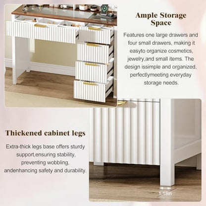 Arulvmrn 43" Large Vanity Desk with 30" HD Lighted Mirror,Modern Vanity Desk with Mirror and Lights, Makeup Vanity with 5 Drawers and Storage Shelves and Charging Station, White2300 - color: White