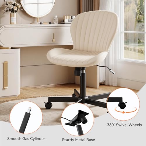 Armless Office Chair, PU Leather Office Chair with Wheels & Adjustable Height, Swivel Rocking Computer Chair, Ergonomic Soft Padded Office Chairs for Small Space, Study and Vanity, Beige - color: Beige