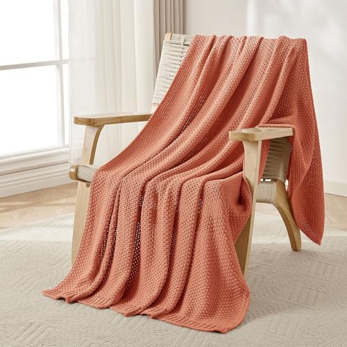 Joydeco Chunky Cable Knit Throw Blanket, Lightweight 100% Cotton Soft Cozy Throw Twin Blanket for Couch Bed and Sofa, Rustic Breathable Farmhouse Blanket Gift for Women Men(Burnt Orange, 51"x63") - color: Burnt Orange, size: Throw (51" x 63")