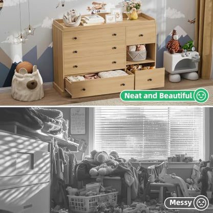 Kids Dresser Cabinet with 6 Drawers, Changing Table for Nursery with Shelf, Multi-Functional Chest of Drawers, Kids Bedroom Furniture, Nightstand for Children's Room, Oak - color: Oak