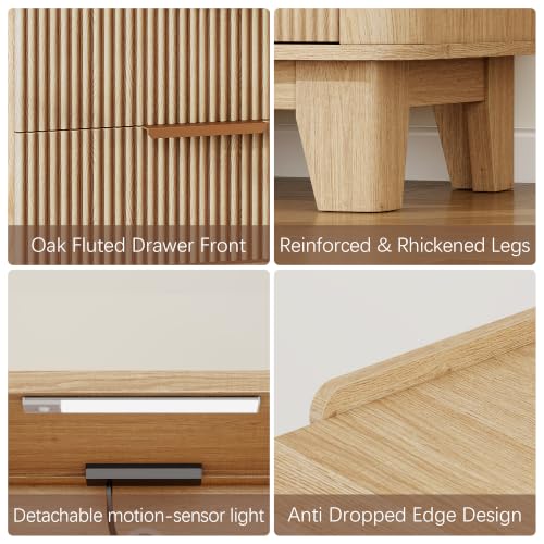 Baoz Fluted Nightstand with Charging Station & 2 Drawers, Natural Oak | 20" Wide Mid Century Modern Bedside Table with Light Wood Curved Profile 27in Tall LED Night Stand for Bedroom - color: Oak, size: 2 Drawers