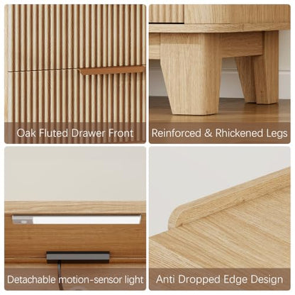 Baoz Fluted Nightstand with Charging Station & 2 Drawers, Natural Oak | 20" Wide Mid Century Modern Bedside Table with Light Wood Curved Profile 27in Tall LED Night Stand for Bedroom - color: Oak, size: 2 Drawers