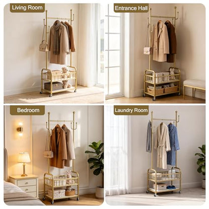 Free Standing Rolling Clothes Rack with Wheel Shoe Storage - Golden | Small Narrow Cloth Hanger Garment Rack for Bedroom Livingroom Lab Dress Shirt Rack with Metal Basket and Shoe Storage Shelves - color: Gold-2 Tier
