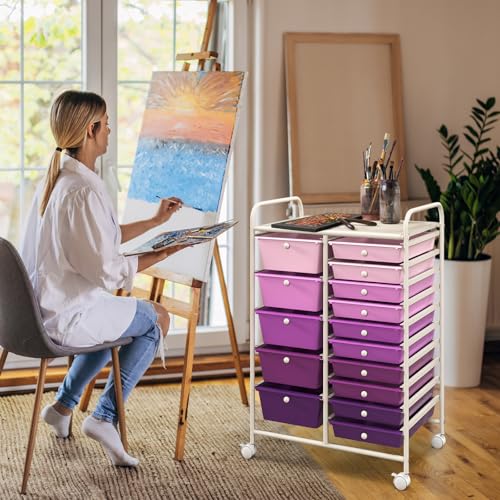 GOFLAME 15-Drawer Rolling Storage Cart, Craft Storage Cart with Removable Drawers & Lockable Wheels, Art Cart Supply Storage Organizer for Home Office Classroom, Purple Gradient - color: Purple Gradient, size: 15 drawer-25"x14.5"x34.5"