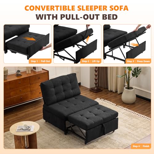 VINGLI Convertible Sofa Bed Tufted Teddy Fleece Sleeper Chair Bed Couch Armless Living Room Chairs with Adjustable Backrest Pull Out Couch Bed for Small Spaces - color: Black