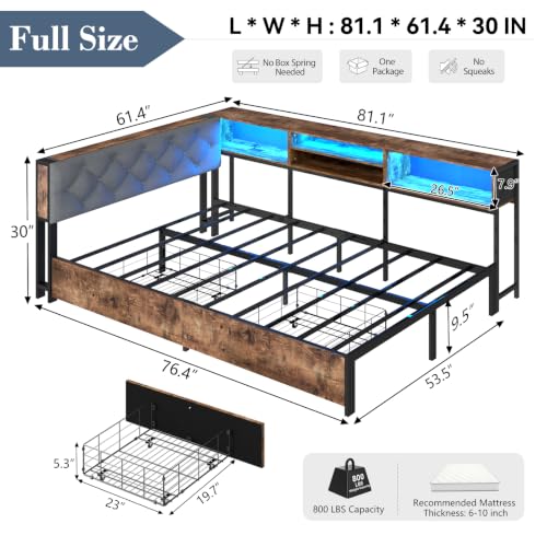 Full Corner Bed Frame with Storage Headboard and Bookcase, Full Size Metal Platform Bed Frame with LED Lights and Charging Station, Upholstered Daybed with 2 Drawers for Kids Teens, Vintage Brown - color: Vintage Brown, size: Full