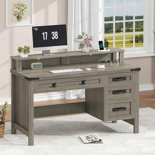 47" Farmhouse Computer Desk with 4 Drawers for Home Office, Bedroom | Executive Desk with Power Outlets, Home Office Desk with Monitor Stand & Drawers, Small Desk Writing Study Table, Grey - color: Grey