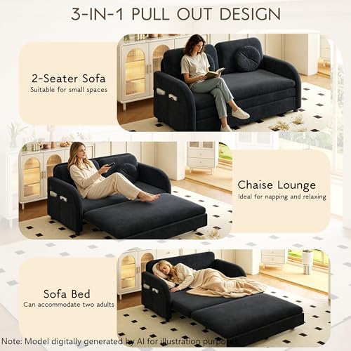 52.4'' Full Size Sleeper Sofa Bed, 3-in-1 Pull Out Chenille Couch, Black | Cozy Curved Armrest, Loveseat with USB, 2 Round Pillows, Washable Cover, Pocket, for Living Room, Apartment, Small Spaces, RV - color: Black, size: 52.4'' Full