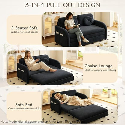 52.4'' Full Size Sleeper Sofa Bed, 3-in-1 Pull Out Chenille Couch, Black | Cozy Curved Armrest, Loveseat with USB, 2 Round Pillows, Washable Cover, Pocket, for Living Room, Apartment, Small Spaces, RV - color: Black, size: 52.4'' Full