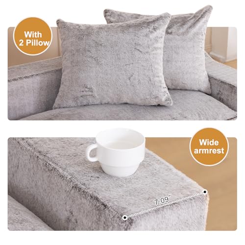 61" Boneless Loveseat Sleeper, Folding Sofa Bed, Faux Fur Cover, Dove Grey | Memory Foam Pull Out Futon Bed with Removable Washable Cover, Space-Saving Fold Out Couch for Living Room & Guest Room - color: Dove Grey