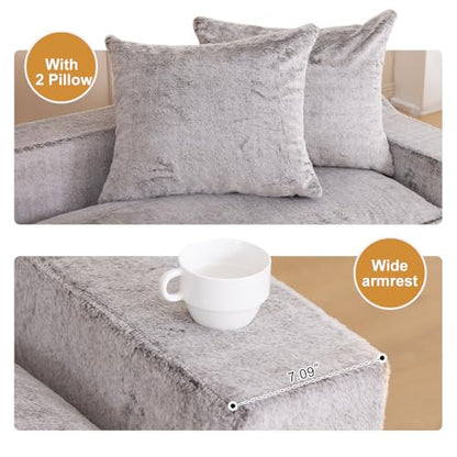 61" Boneless Loveseat Sleeper, Folding Sofa Bed, Faux Fur Cover, Dove Grey | Memory Foam Pull Out Futon Bed with Removable Washable Cover, Space-Saving Fold Out Couch for Living Room & Guest Room - color: Dove Grey